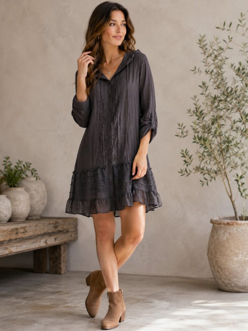 3 Stones Hooded Travel Dress Small Gray Boho Pintuck Ruffle Hem Roll Tab Sleeve